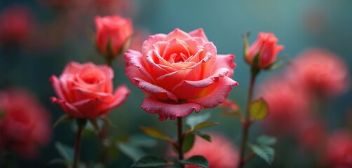 Obraz premium Vibrant coral roses bloom with delicate water droplets on petals. Soft focus background with bokeh effect. Romantic floral closeup for decoration, beauty, or nature themes. Peaceful garden scene.