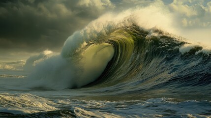A dramatic wave forming under a sunset sky, showcasing contrasting colors and textures while symbolizing the mesmerizing beauty and unpredictability of the ocean environment.