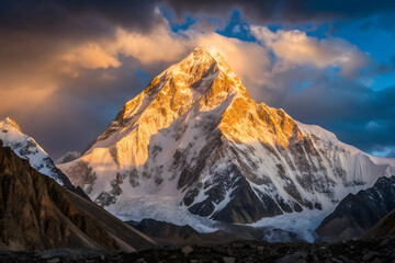 Sunlit K2 Mountain Peak with Snow and Dramatic Clouds