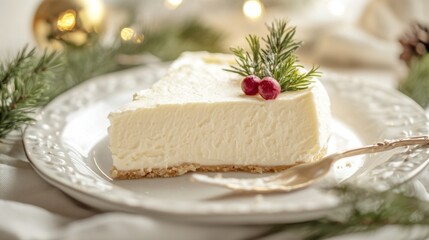 A delicious slice of pie elegantly presented with berries and fresh greenery, combining flavors and aesthetics for a visual and gastronomic delight during the festive season.