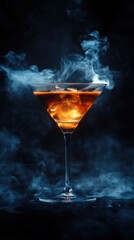 This artistic portrayal of a rich amber drink enveloped in ethereal smoke creates a mystical allure, emphasizing the enchanting experience of fine spirits.