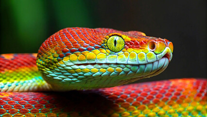Vibrant rainbow snake with striking yellow eye, showcasing intricate scales and exotic beauty.