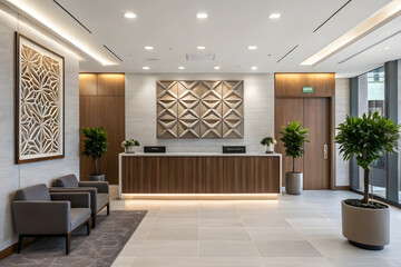 Elegant Office Reception with Wood Desk, Armchairs & Geometric Art