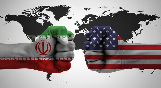 Iran and America conflict. Two fists painted with iranian and american flags collide against a world map background symbolizing geopolitical conflict and tension
