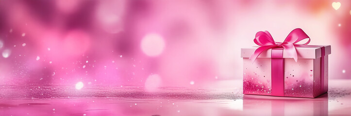 Pink gift box with bow on blured bokeh background. Banner