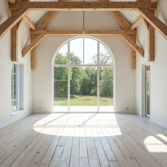 Obraz premium Bright loft barndominium interior features sunlit whitewashed wood floors, exposed wooden beams. Large arched window offers scenic outdoor views. Open, airy design with high ceilings creates rustic