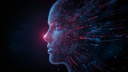 An abstract AI face that decomposes into a stream of digital data. A strong and futuristic artistic style.