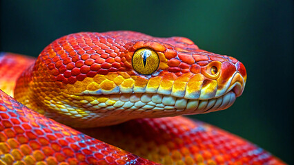 Fototapeta premium Vibrant red python coils with mesmerizing yellow eye, capturing nature's intense beauty and wild allure