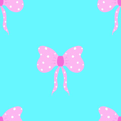 seamless pattern with cute pink spotted bow on blue background, girly birthday print.