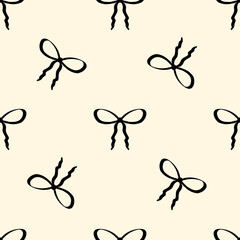 seamless pattern with black hand drawn bow, vintage elegant illustration, cream background, feminine fabric design.