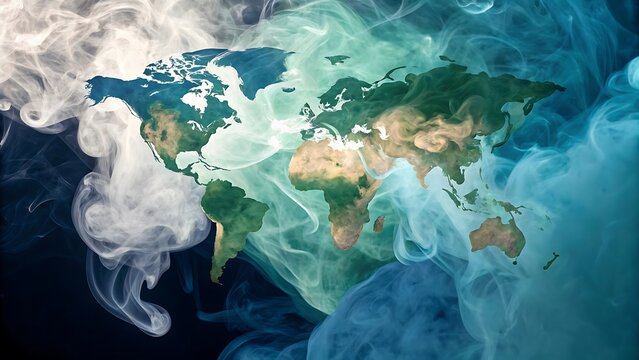 World map emerging from colorful ink clouds isolated on white background
