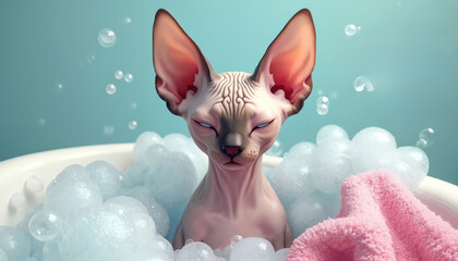 Sphynx cat enjoys bubble bath with pink towel. Relaxing spa experience, clean hygiene, fresh skincare, luxurious pampering. Cute hairless kitten in bathtub full of foam, playful, calm, elegant