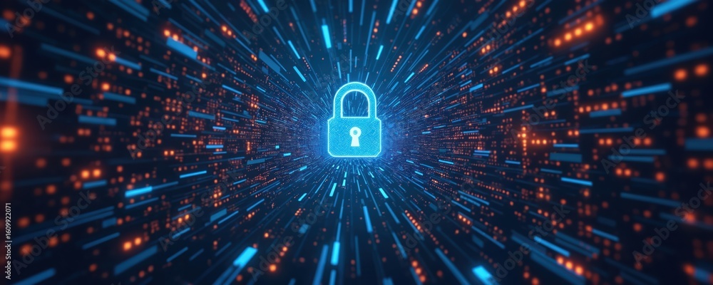 Aufkleber digital padlock icon against a backdrop of abstract blue and orange digital data streams. symbolizes