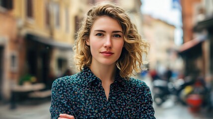 Fototapeta premium Confident Young Woman in a Charming European Street Setting