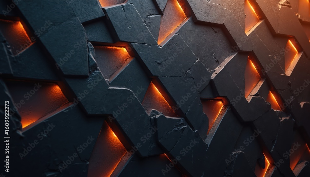 Poster dark geometric textured wall panel features sharp angles, facets. illuminated by vibrant orange ligh