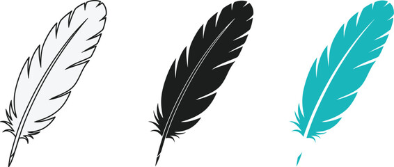 Illustration of three feathers in different styles and colors on a white background
