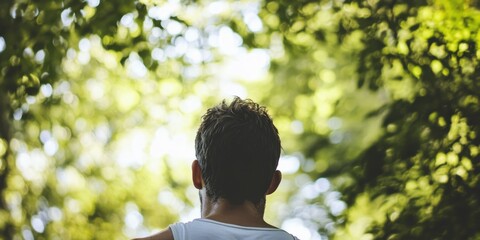 A man is walking slowly through a lush and vibrant green forest, enjoying natures beauty