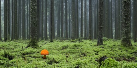 A vivid Luminous Orange Mushroom stands out in the enchanting Misty Forests beauty