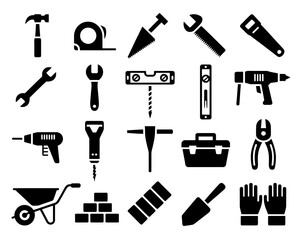 Fototapeta premium Collection of construction and diy tools silhouette isolated on white background