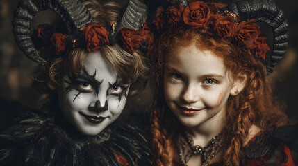 Obraz premium Happy halloween. children in costumes and makeup holiday happy halloween