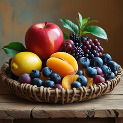 fruits in basket,fruit basket with berries,Freshly isolated fruits like apples, oranges, grapes, and berries are arranged in a healthy, colorful basket