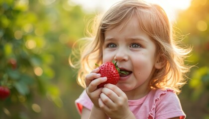 Little girl happily eating fresh strawberry in sun-drenched garden. Golden hour light illuminates face as enjoys sweet summer fruit. Image captures pure joy, innocence of childhood, perfect for