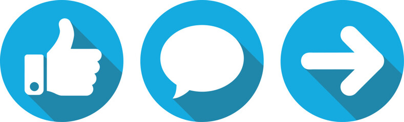 Three blue circular icons depicting a thumbs up, a speech bubble, and a right pointing arrow icon
