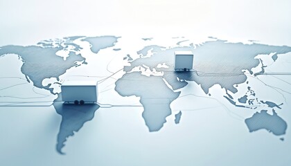 Global supply chain logistics illustration with connected network lines across world map. Small trucks represent distribution, transportation movement, efficient international trade operations,
