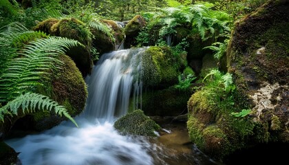 a small waterfall cascades over rocks with ferns and plants growing around it