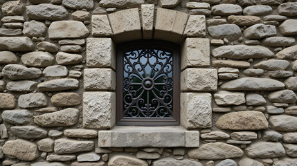 Stone wall with decorative window.