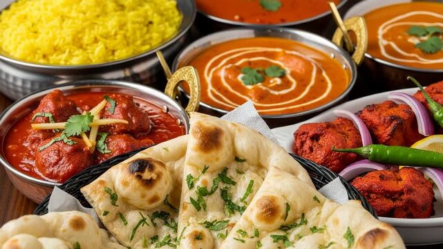 A vibrant spread of indian cuisine featuring fluffy naan bread, rich chicken tikka masala, creamy dal, and yellow rice, all presented in traditional bowls