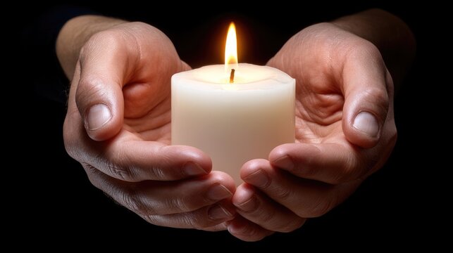 Adult hands cradling a solitary white candle flame in deep shadow, evoking a heartfelt moment of global remembrance and solemn tribute.