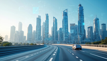 Modern city skyline features skyscrapers with digital elements signifying smart technology, urban innovation, connectivity. Car travels on highway, representing city mobility, infrastructure