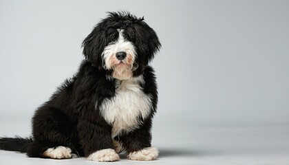 a bernedoodle dogs sits as a model on the floor with clear background