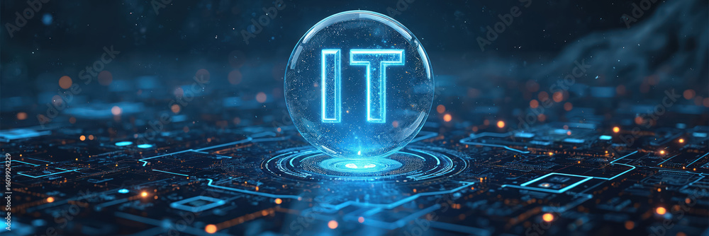 Poster glowing neon blue letters in transparent sphere hover over futuristic circuit board landscape. digit