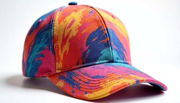 Vibrant baseball cap with colorful abstract swirl pattern. Trendy summer fashion accessory features pink, orange, teal, yellow hues. Made from textile material, stylish headwear complements