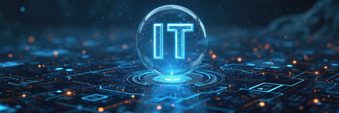 Glowing neon blue letters in transparent sphere hover over futuristic circuit board landscape. Digital network grid, data flow, tech innovation background for science, engineering, computer