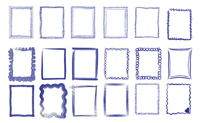Set of hand-drawn rectangular frames in blue crayon style, textured sketch borders collection