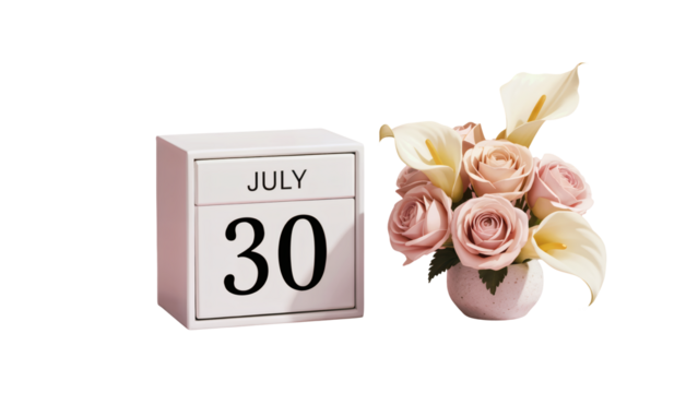 Elegant floral arrangement next to a classic flip calendar displaying July 30th for event planning