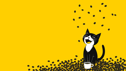 Black and white cat sitting happily among scattered coffee beans, with a cup in front, against a bright yellow background, creating a cheerful and playful atmosphere