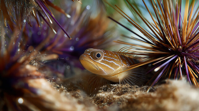 A striped goby hiding in a sea urchin under soft sunlight