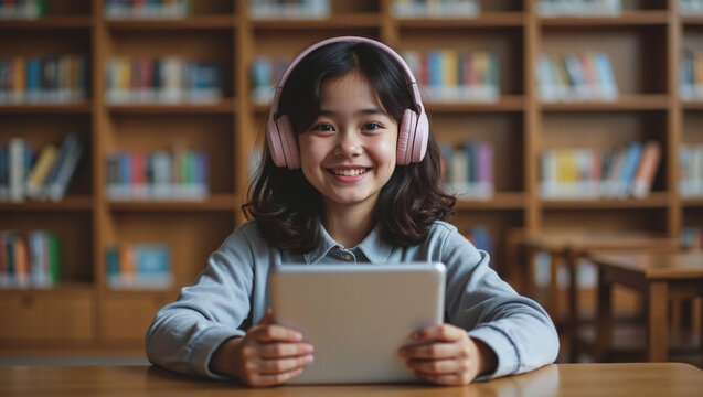 Young Asian Girl Holding Tablet in Library