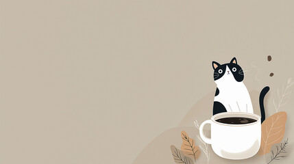 Cute black and white cat sitting beside a steaming cup of coffee on a soft beige background, surrounded by leaves, creating a cozy and inviting atmosphere for cat lovers