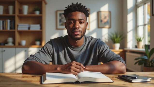 Black Male At Home Desk With Open Book