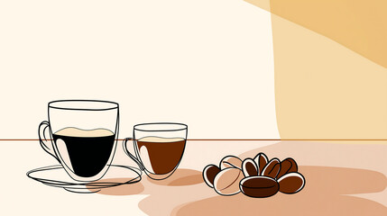 Minimalist illustration of two coffee cups, one large and one small, beside a pile of assorted coffee beans on a soft gradient background, evoking warmth and comfort