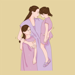 Illustration of Mother Embracing Her Daughters