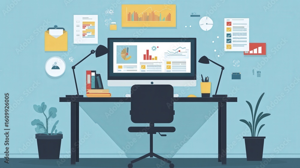 Poster flat design of a modern workspace with computer.