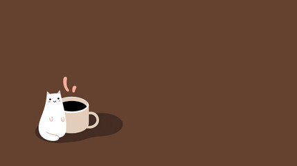 Cute cartoon cat character sitting beside a steaming coffee cup on a brown background, creating a cozy and inviting atmosphere for relaxation and enjoyment