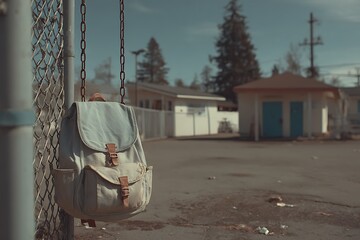 Worn School Backpack Hanging on Swing in Empty Playground.