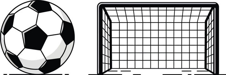 A soccer ball with black and white pattern next to a goal post with net illustration